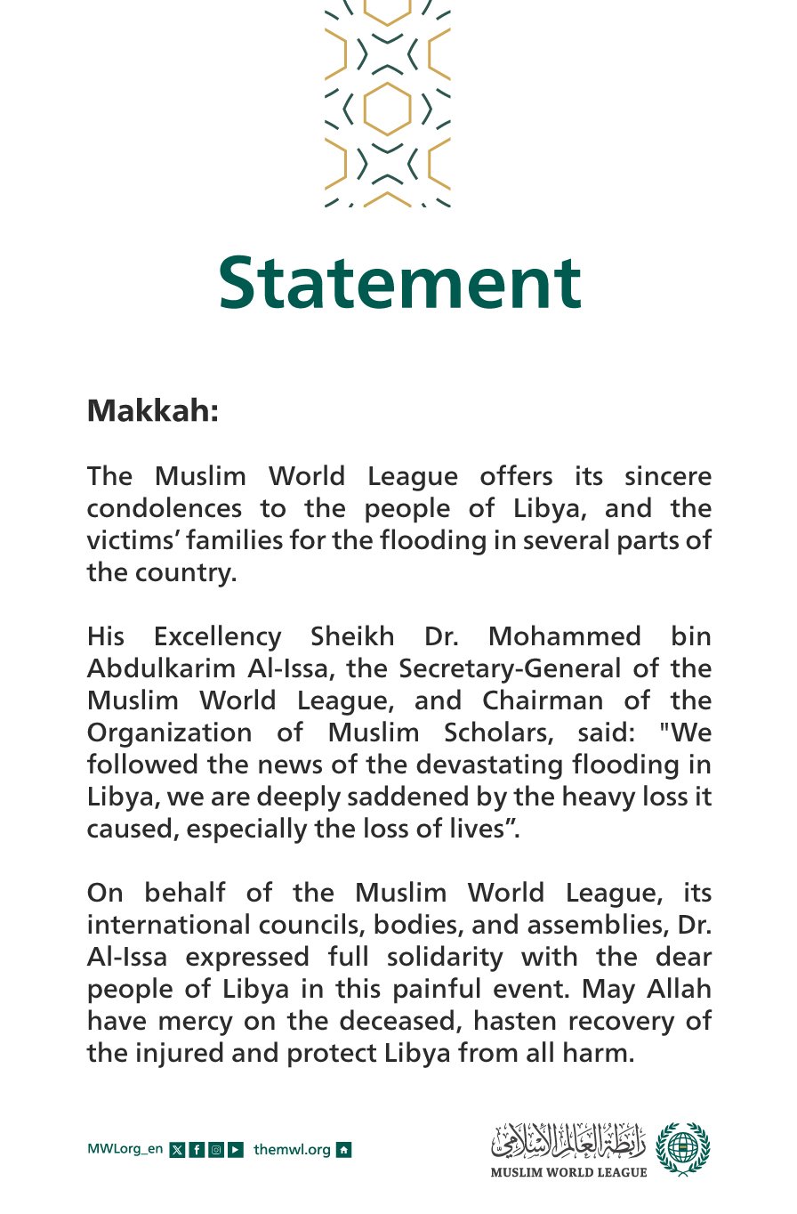 Muslim World League offers condolences to Libya on flood victims
