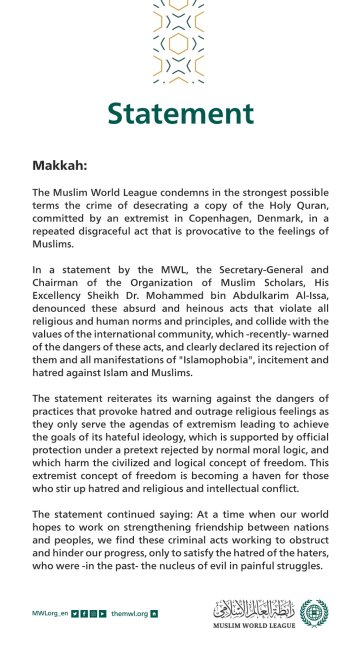 MWL Strongly Condemns Repeated Desecration of Copies of the Holy Quran in Denmark