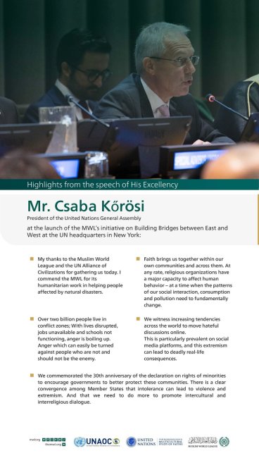 Highlights from the speech of His Excellency Mr. Csaba Kőrösi, the President of the United Nations General Assembly, at the launch of the MWL initiative on Building Bridges between East and West at the UN headquarters in New York
