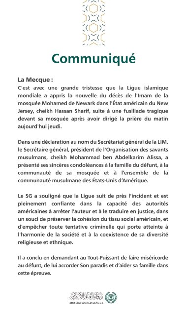 Communiqué de la Ligueislamiquemondiale :