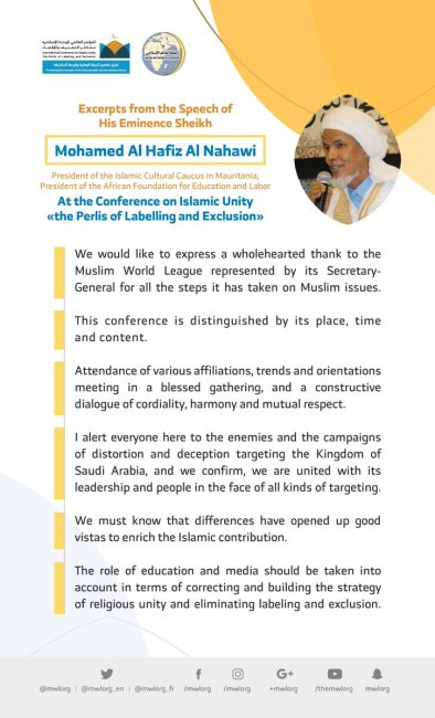 HE Sheikh Mohamed Al Hafiz Al Nahawi addresses 1200 Islamic Figures representing 28 Islamic Components at the MWL conference on Islamic Unity