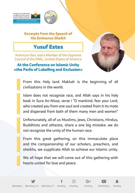 HE Sheikh Yusuf Estes addresses 1200 Islamic Figures from 127 Countries representing 28 Islamic Components at the MWL conference on Islamic Unity
