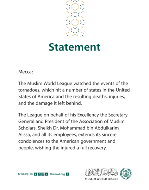 Statement from the Muslim World League on the recent tornadoes in the United States: