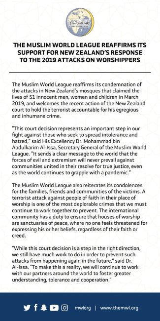 The Muslim World League reaffirms its support for New Zealand's response to the 2019 Christchurch attack on worshippers