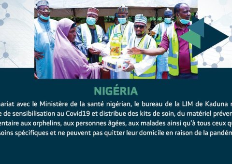 En partenariat avec le Ministère de la santé nigérian , la LIM mène une campagne de sensibilisation au Covid19, et distribue des kits de soin, du matériel préventif et une aide alimentaire aux orphelins, aux personnes âgées et aux malades.
