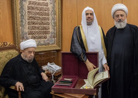 Sheikh Abdulamir Qablan, President of the Supreme Shia Council receives the  Muslim World League's Sheikh Mohammad Alissa in the Council Headquarters in the Lebanese capital Beirut. The Council VP Ali Alkhateeb participated in the meeting.
