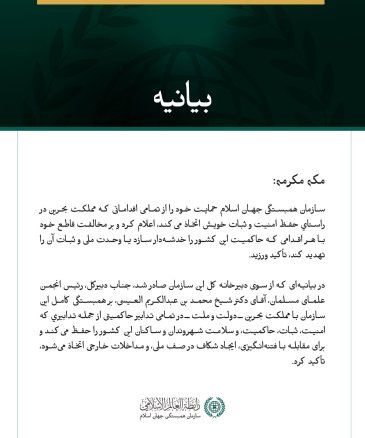 سازمان همبستگی جهان اسلام حمایت خود را از تمامی اقداماتی که مملكت بحرین برای پاسداری از امنیت، ثبات وحاکمیت خود اتخاذ می‌کند، اعلام کرد.