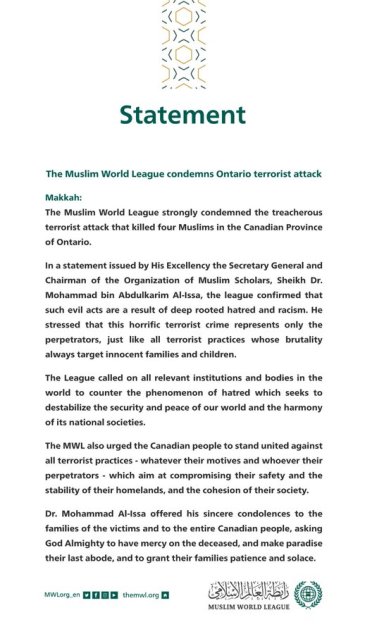 The Muslim World League stands with the people of Canada after the horrific terrorist attack