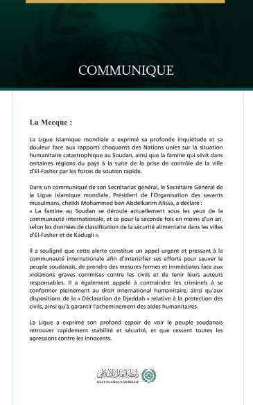 La Ligue islamique mondiale exprime sa profonde douleur face aux rapports onusiens alarmants sur la famine au Soudan