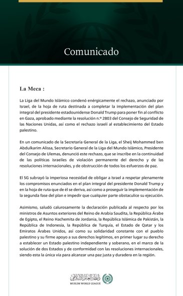 La Liga del Mundo Islámico condena el rechazo anunciado por Israel de la hoja de ruta para poner fin al conflicto en Gaza y establecer el Estado palestino
