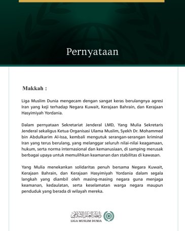 Liga Muslim Dunia Mengecam Berulangnya Agresi Iran yang Keji terhadap Kuwait, Bahrain, dan Yordania