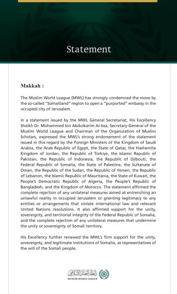 The Muslim World League Condemns the So-Called “Somaliland” Region’s Opening of a “Purported” Embassy in Occupied Jerusalem