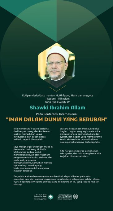 Kutipan dari pidato mantan Mufti Agung Mesir dan anggota Akademi Fikih Islam, Yang Mulia Syekh, Dr. Shawki Ibrahim Allam, pada Konferensi Internasional: "Iman dalam Dunia yang Berubah":