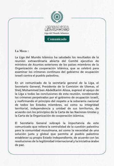 Comunicado de la LigadelMundoIslamico: