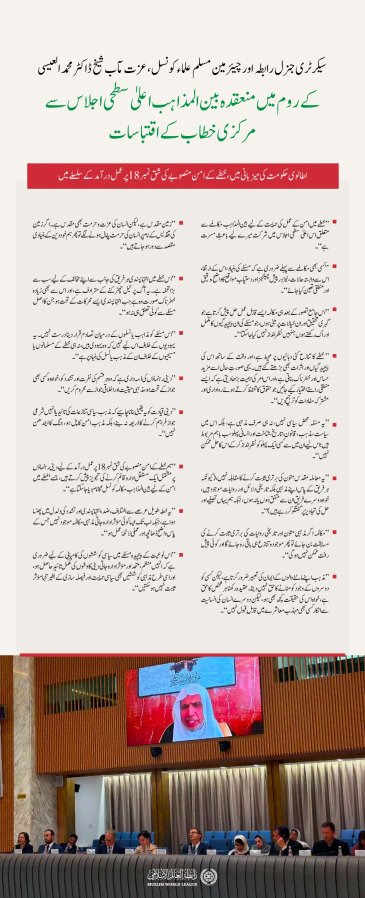 سیکرٹری جنرل رابطہ اور چیئرمین مسلم علماء کونسل، عزت مآب شیخ ڈاکٹر  محمد العیسی کے اس مرکزی خطاب کے اہم اقتباسات، جو انہوں نے اطالوی حکومت کی میزبانی میں ”روم“ میں منعقدہ بین المذاہب مکالمے کے اعلیٰ سطحی اجلاس میں ”ویڈیو لنک“ کے ذریعے پیش کیا۔