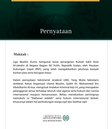 Liga Muslim Dunia Mengutuk Penargetan Rumah Sakit Kota Al-Jabalin di Sudan oleh Pasukan Dukungan Cepat (RSF)