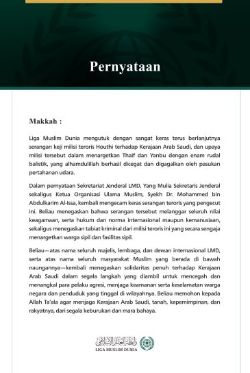 Liga Muslim Dunia Mengutuk Berlanjutnya Serangan Keji Milisi Teroris Houthi terhadap Kerajaan Arab Saudi