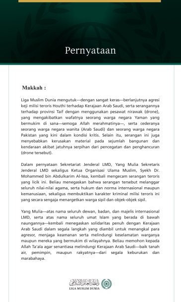 Liga Muslim Dunia Mengutuk Berlanjutnya Agresi Keji Milisi Teroris Houthi terhadap Kerajaan Arab Saudi