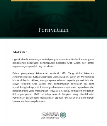 Liga Muslim Dunia Mengucapkan Selamat kepada Suriah atas Keputusan Penghapusan dari Daftar Negara Pendukung Terorisme