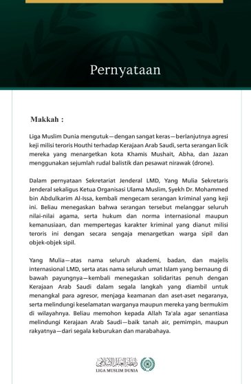 Liga Muslim Dunia Mengutuk Berlanjutnya Agresi Keji Milisi Teroris Houthi terhadap Kerajaan Arab Saudi