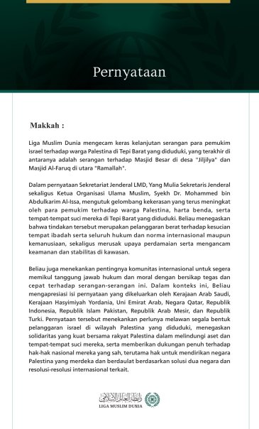 Liga Muslim Dunia Kecam Eskalasi Serangan Pemukim israel terhadap Warga Palestina di Tepi Barat yang Diduduki