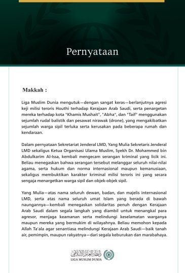 Liga Muslim Dunia Mengutuk Berlanjutnya Agresi Keji Milisi Teroris Houthi terhadap Kerajaan Arab Saudi