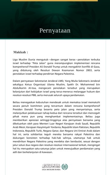 Liga Muslim Dunia Mengutuk Penolakan Terbuka israel terhadap "Peta Jalan" untuk Mengakhiri Konflik di Gaza dan Pendirian Negara Palestina