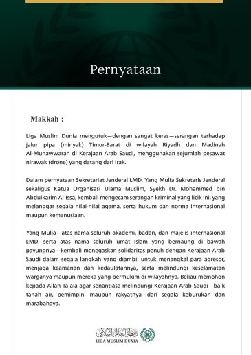 Liga Muslim Dunia Mengutuk Serangan terhadap Kerajaan Arab Saudi Menggunakan Drone yang Datang dari Irak