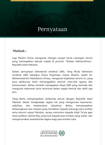 Liga Muslim Dunia Mengutuk Serangan Teroris yang Menargetkan Sebuah Masjid di Provinsi Khyber Pakhtunkhwa, Pakistan