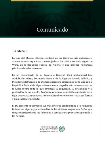 La Liga del Mundo Islámico condena el ataque terrorista perpetrado en la región de Woro, en la República Federal de Nigeria.