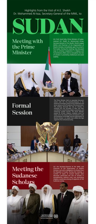 Highlights from the visit of H.E. Sheikh Dr. Mohammed Al-Issa, Secretary-General of the Muslim World League (MWL) and Chairman of the Organization of Muslim Scholars, to the Republic of Sudan.