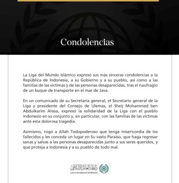 La Liga del Mundo Islámico expresa sus condolencias a Indonesia tras el naufragio de un buque de transporte en el mar de Java
