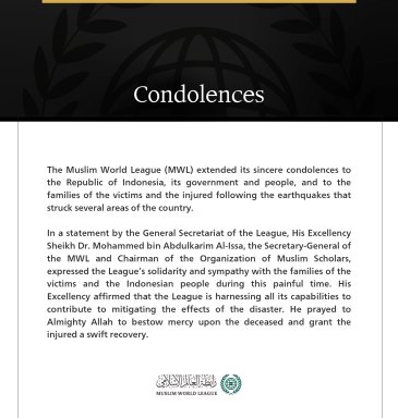 The Muslim World League Condoles Indonesia Over Earthquake Victims