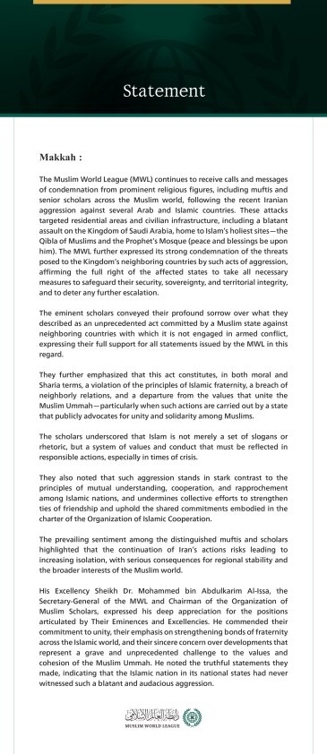 The Muslim World League Receives Numerous Calls and Messages of Condemnation Regarding Iranian Aggression Against Several Gulf, Arab, and Islamic Countries