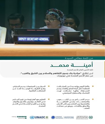 ‏مقتطفات من كلمة معالي السيدة أمينة محمد، نائبة الأمين العام للأمم المتحدة، لدى إطلاق مبادرة ⁧‫رابطة العالم الإسلامي‬⁩ لـ "بناء جسور التفاهم والسلام بين الشرق والغرب" من مقر الأمم المتحدة بنيويورك: