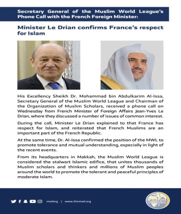 HE Dr. Mohammad Alissa received a phone call from the French Minister of Foreign