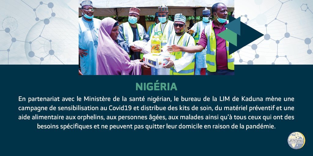 En partenariat avec le Ministère de la santé nigérian , la LIM mène une campagne de sensibilisation au Covid19, et distribue des kits de soin, du matériel préventif et une aide alimentaire aux orphelins, aux personnes âgées et aux malades.