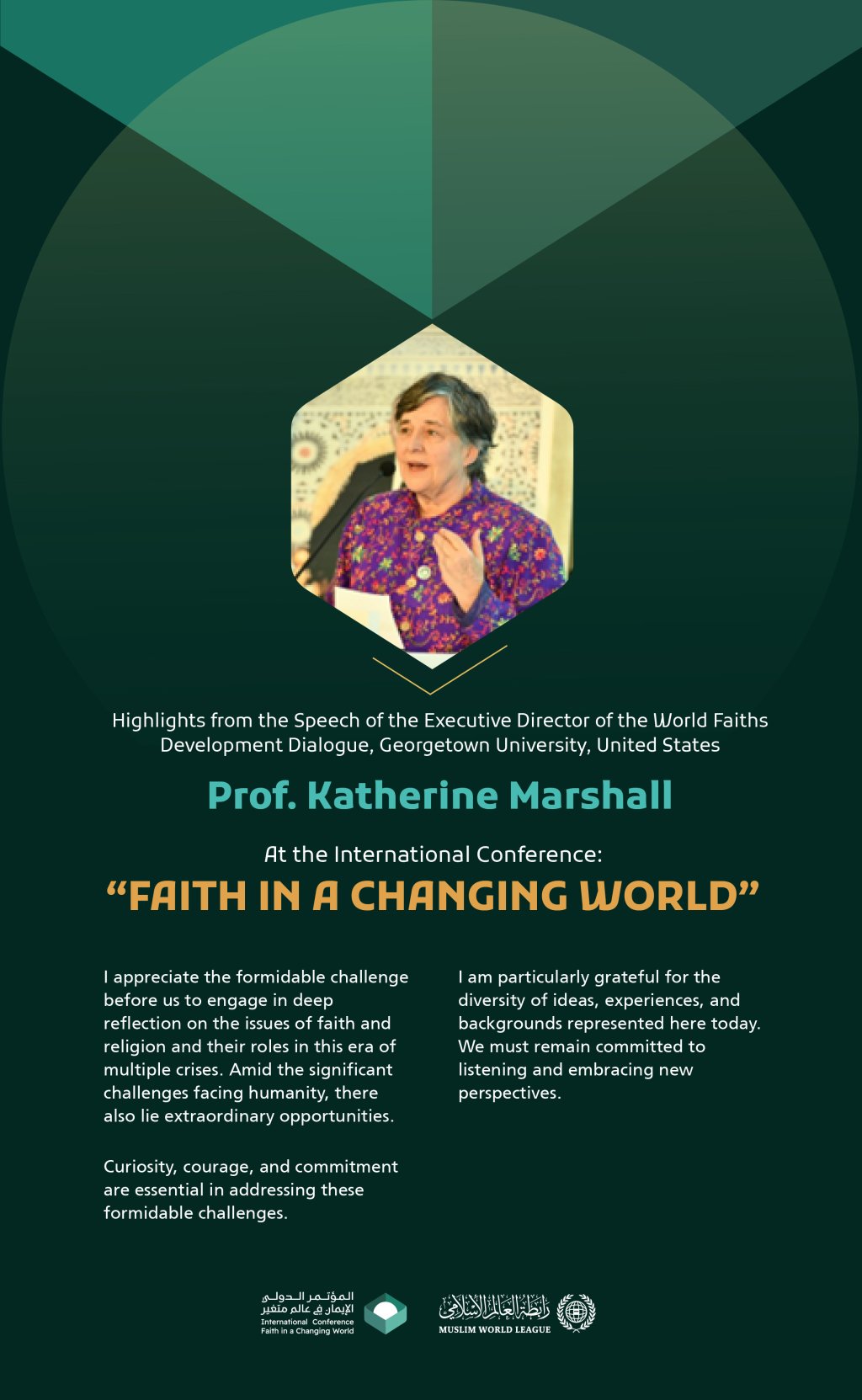 Highlights from the speech of Prof. Katherine Marshall, the Executive Director of the World Faiths Development Dialogue, Georgetown University, United States, at the International Conference: "Faith in a Changing World”: