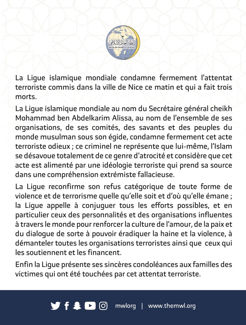 Communiqué du Secrétaire général de la Ligue Islamique Mondiale suite à l’attentat terroriste de Nice 