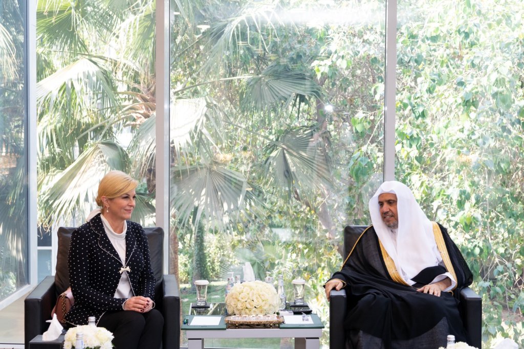 At his office in Riyadh, His Excellency Sheikh Dr. Mohammed Alissa, Secretary-General of the MWL and Chairman of the Organization of Muslim Scholars, met with Her Excellency Ms. Kolinda Grabar-Kitarovic, former President of the Republic of Croatia.