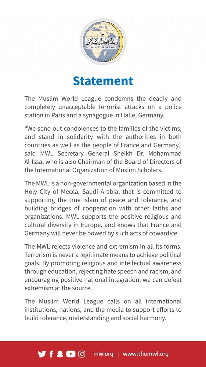  HE Dr. Mohammad Alissa condemns the recent attacks on a police station in Paris & a synagogue in Halle, Germany