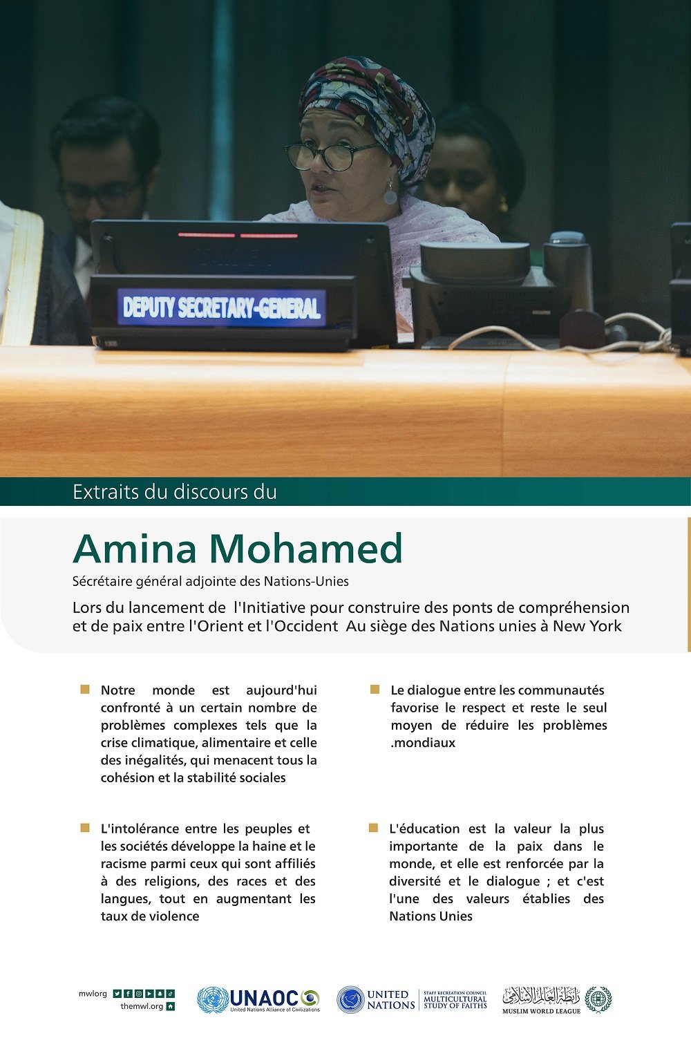 Extraits du discours d’Amina Mohamed, lors du lancement de l'initiative de la Ligue islamique mondiale pour "construire des ponts de compréhension et de paix entre l'Orient et l'Occident " depuis le siège des Nations Unies à New York :