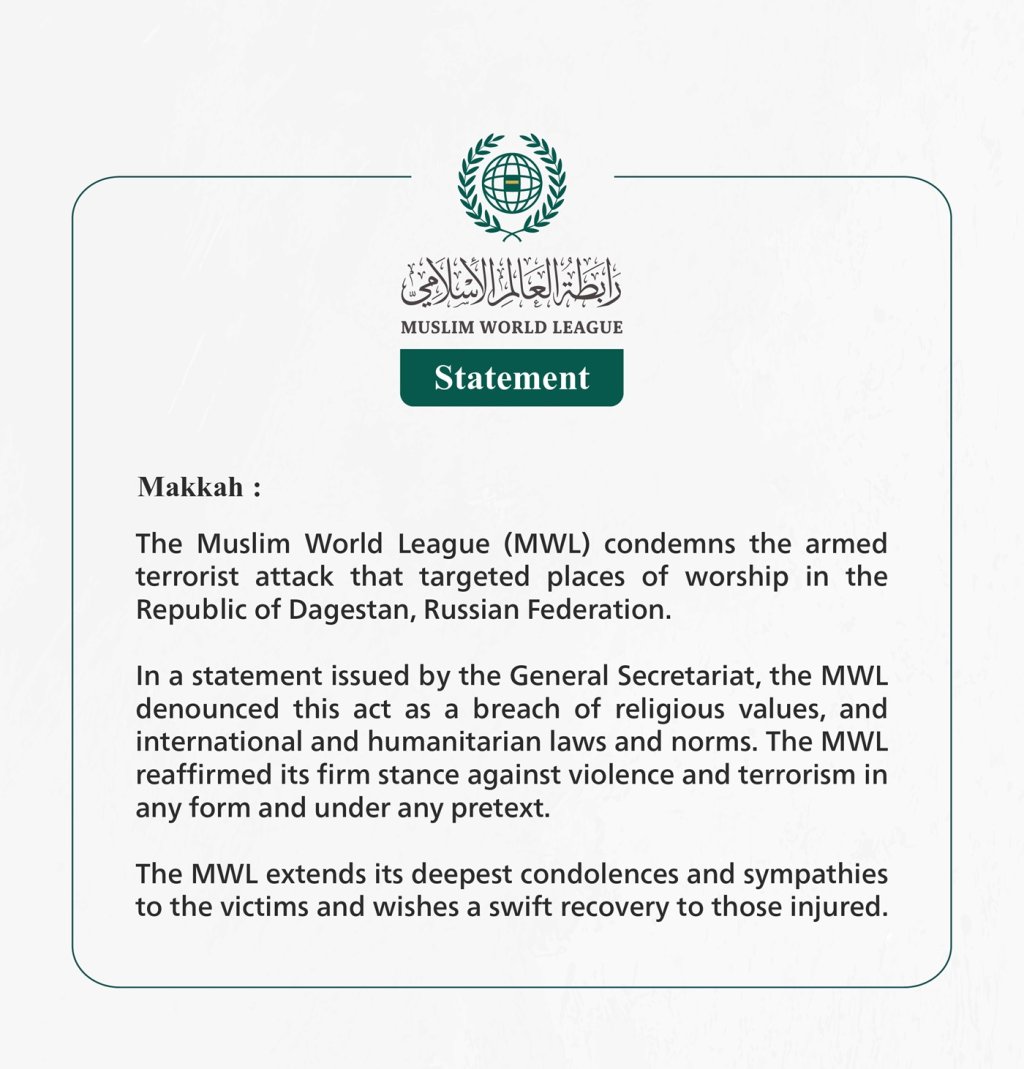 Muslim World League Condemns the Terrorist Attack in Dagestan