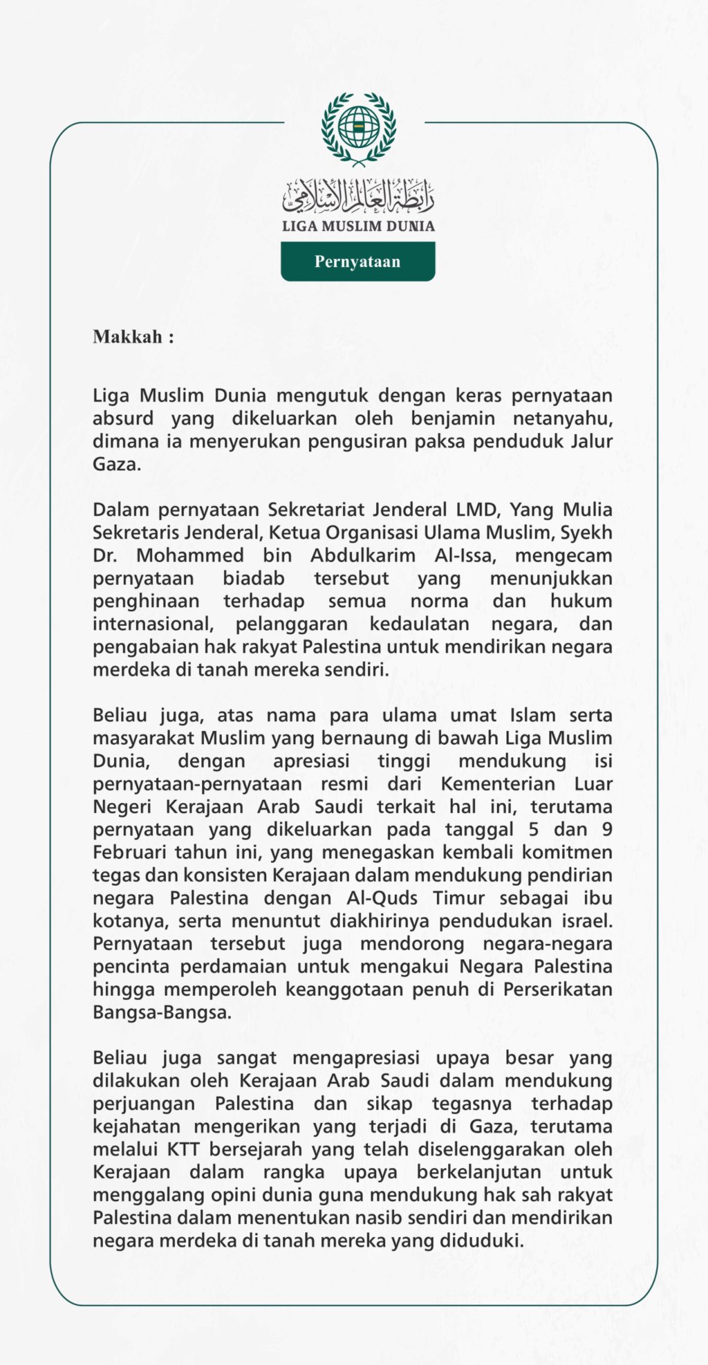 Pernyataan dari Liga Muslim Dunia: