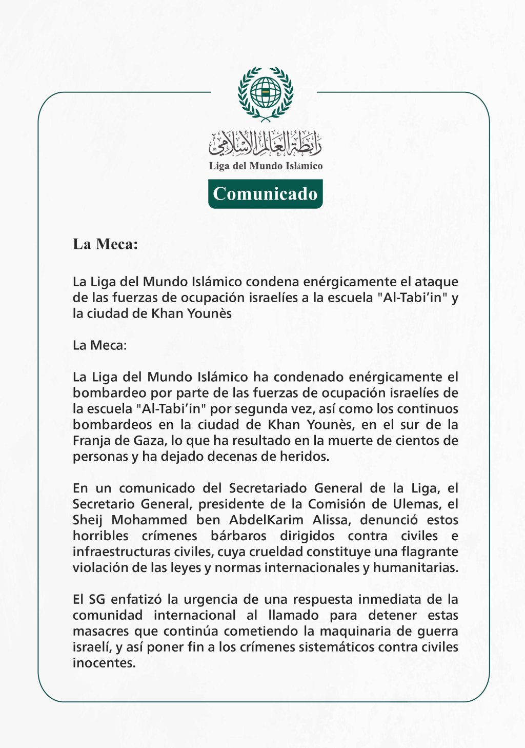 Comunicado de la LigadelMundoIslamico: