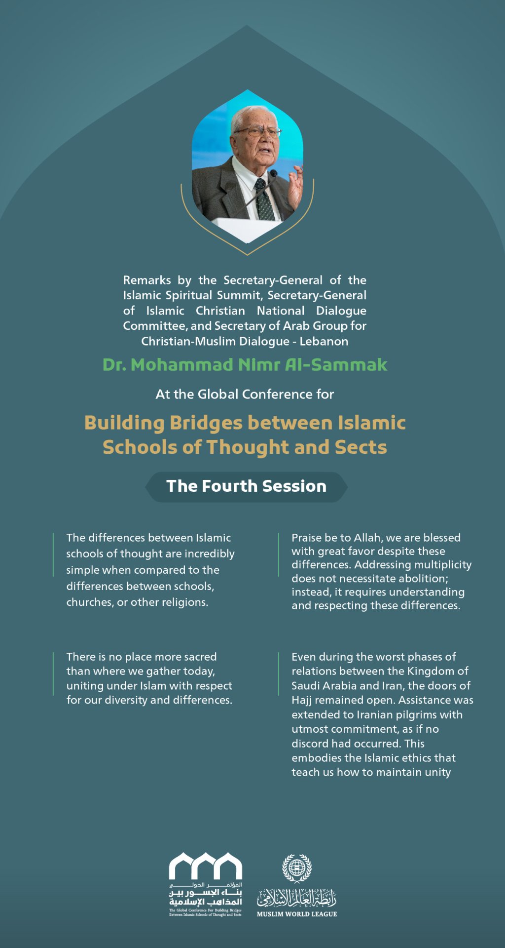 Remarks by His Excellency Dr. Mohammad Nimr Al-Sammak, the Secretary-General of the Islamic Spiritual Summit and Secretary-General of Islamic Christian National Dialogue Committee, at the Global Conference for Building Bridges between Islamic Schools of Thought and Sects