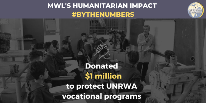 The MWL donated $1 million to help protect UNRWA vocational programs amidst the ongoing COVID19 pandemic