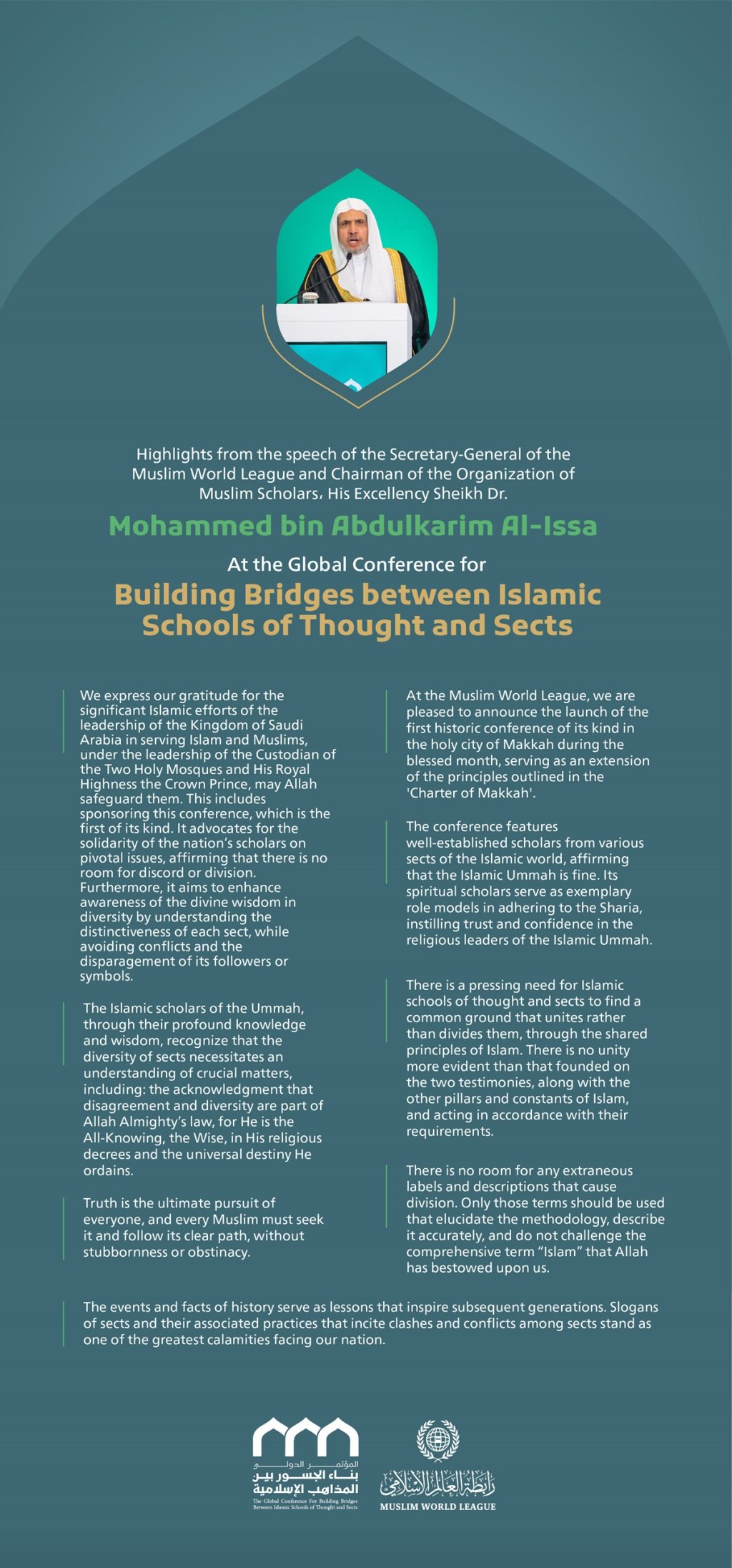 Highlights from the speech of His Excellency Sheikh Dr. Mohammed Al-Issa, Secretary-General of the MWL and Chairman of the Organization of Muslim Scholars, at the Global Conference for Building Bridges between Islamic Schools of Thought and Sects
