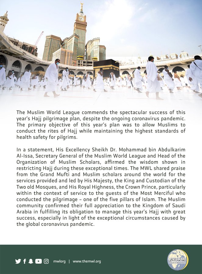 The Muslim World League commends the Kingdom of Saudi Arabia for a successful Hajj2020