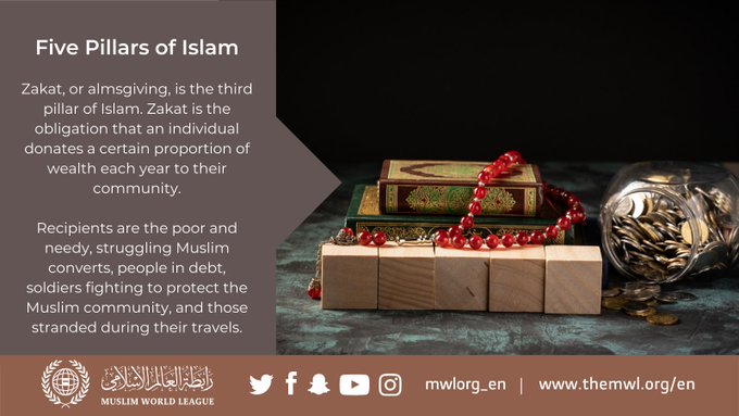 Zakat, or almsgiving, is the third pillar of Islam.